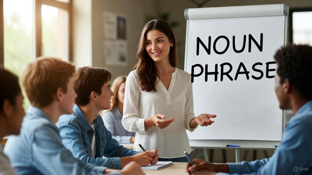 Teacher explaining noun phrases to students in a classroom using a whiteboard